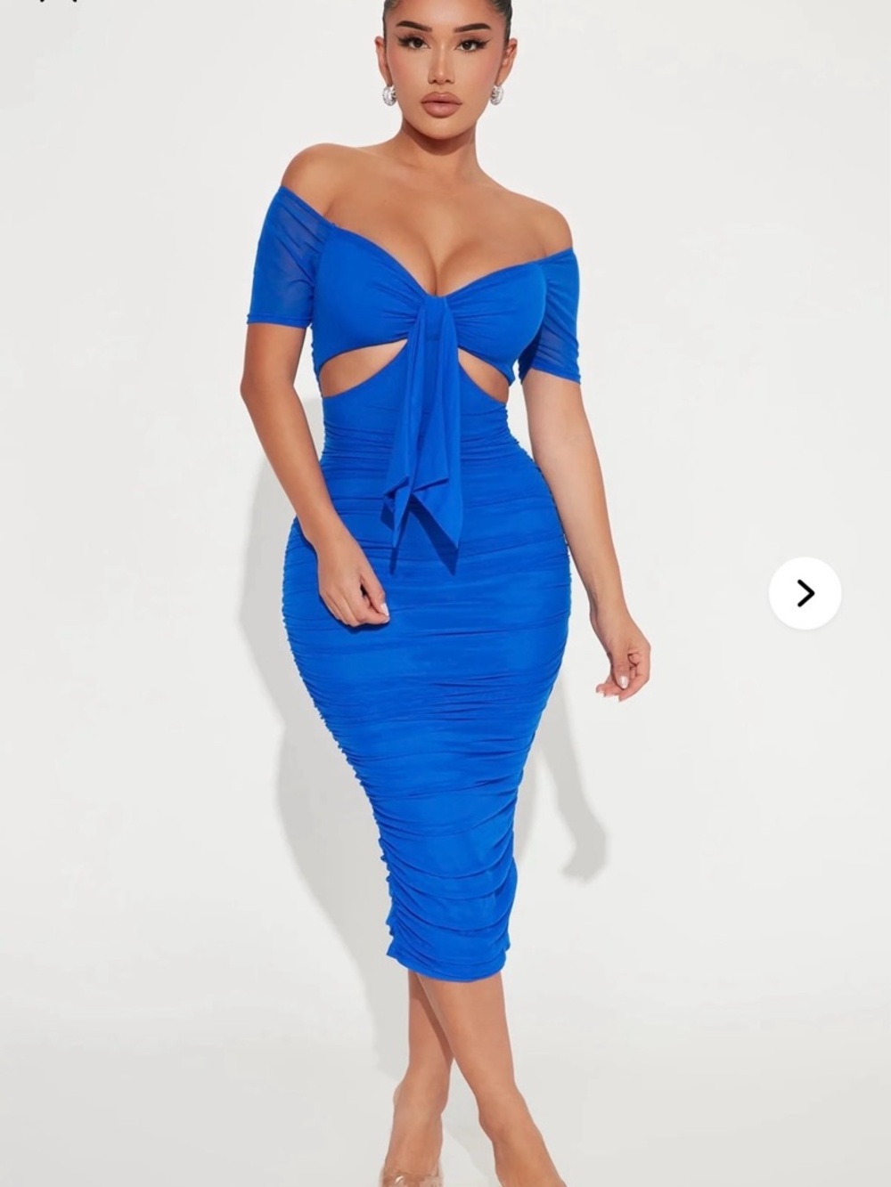Fashion Nova Off-Shoulder Cobalt Blue Tie-Front Ruched Midi Dress
